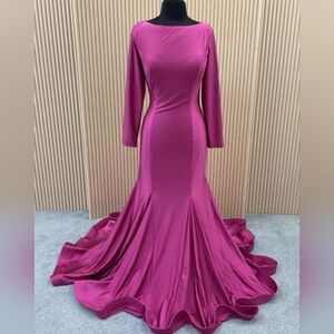Sherri hill Fuchia strappy back pink prom long sleeve pageant gown dress 6 8 cy